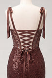 Corset transparent scintillant, sequins bodycon, lacets dans le dos, bretelles à ruban, robe de rentrée à la maison avec fente