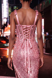 Corset transparent scintillant, sequins bodycon, lacets dans le dos, bretelles à ruban, robe de rentrée à la maison avec fente