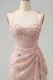 Corset bodycon blush à col nu et lacet relevé dans le dos, robe de bal froncée avec ceinture