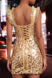 Robe de fin d’année Champagne Bodycon Corset transparent Corset à volants et fronçés