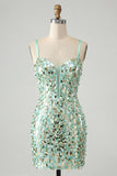 Corset bodycon vert menthe scintillant, corset en dentelle dans le dos, sequins, robe courte de rentrée