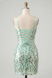 Corset bodycon vert menthe scintillant, corset en dentelle dans le dos, sequins, robe courte de rentrée