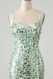 Corset bodycon vert menthe scintillant, corset en dentelle dans le dos, sequins, robe courte de rentrée