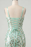 Corset bodycon vert menthe scintillant, corset en dentelle dans le dos, sequins, robe courte de rentrée