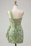 Corset bodycon vert, une épaule lacée remontée dans le dos, paillettes Robe de rentrée avec ceinture