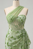 Corset bodycon vert, une épaule lacée remontée dans le dos, paillettes Robe de rentrée avec ceinture
