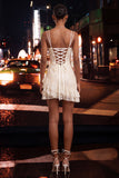 Corset bodycon bleu clair, paillettes à l’arrière robe de rentrée avec volants