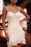 Corset bodycon bleu clair, paillettes à l’arrière robe de rentrée avec volants