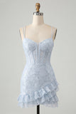 Corset bodycon bleu clair, paillettes à l’arrière robe de rentrée avec volants
