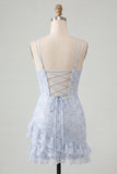 Corset bodycon bleu clair, paillettes à l’arrière robe de rentrée avec volants