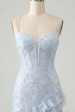 Corset bodycon bleu clair, paillettes à l’arrière robe de rentrée avec volants