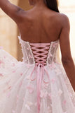 Robe de rentrée à la maison en corset transparent lilas A-line avec appliques, corset transparent et dentelle dans le dos