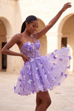 Robe de rentrée à la maison en corset transparent lilas A-line avec appliques, corset transparent et dentelle dans le dos