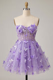 Robe de rentrée à la maison en corset transparent lilas A-line avec appliques, corset transparent et dentelle dans le dos