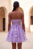 Robe de rentrée à la maison en corset transparent lilas A-line avec appliques, corset transparent et dentelle dans le dos
