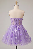 Robe de rentrée à la maison en corset transparent lilas A-line avec appliques, corset transparent et dentelle dans le dos