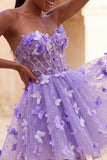 Robe de rentrée à la maison en corset transparent lilas A-line avec appliques, corset transparent et dentelle dans le dos