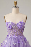 Robe de rentrée à la maison en corset transparent lilas A-line avec appliques, corset transparent et dentelle dans le dos