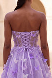 Robe de rentrée à la maison en corset transparent lilas A-line avec appliques, corset transparent et dentelle dans le dos