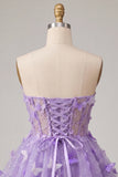 Robe de rentrée à la maison en corset transparent lilas A-line avec appliques, corset transparent et dentelle dans le dos