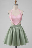 Robe de la rentrée rose et verte, ligne A à deux pièces à col nu en satin