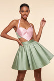Robe de la rentrée rose et verte, ligne A à deux pièces à col nu en satin
