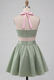 Robe de la rentrée rose et verte, ligne A à deux pièces à col nu en satin