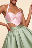 Robe de la rentrée rose et verte, ligne A à deux pièces à col nu en satin