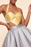 Robe de la rentrée rose et verte, ligne A à deux pièces à col nu en satin
