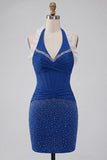 Robe de bal de fin d’année bleu foncé, col hul et col nu à volants, perles froncées et lacette, robe de bal
