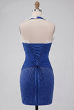 Robe de bal de fin d’année bleu foncé, col hul et col nu à volants, perles froncées et lacette, robe de bal