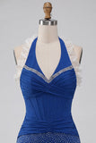 Robe de bal de fin d’année bleu foncé, col hul et col nu à volants, perles froncées et lacette, robe de bal