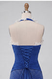 Robe de bal de fin d’année bleu foncé, col hul et col nu à volants, perles froncées et lacette, robe de bal