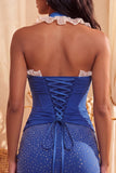 Robe de bal de fin d’année bleu foncé, col hul et col nu à volants, perles froncées et lacette, robe de bal