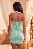 Robe de bal de fin d’année bleu foncé, col hul et col nu à volants, perles froncées et lacette, robe de bal