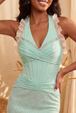 Robe de bal de fin d’année bleu foncé, col hul et col nu à volants, perles froncées et lacette, robe de bal