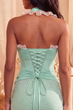 Robe de bal de fin d’année bleu foncé, col hul et col nu à volants, perles froncées et lacette, robe de bal