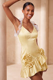 Robe de bal de fin d’année à volants en satin en satin mouillée en Bodycon, col moulant, robe de bal et fleurs 3D