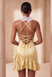 Robe de bal de fin d’année à volants en satin en satin mouillée en Bodycon, col moulant, robe de bal et fleurs 3D