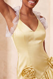 Robe de bal de fin d’année à volants en satin en satin mouillée en Bodycon, col moulant, robe de bal et fleurs 3D