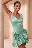Robe de bal de fin d’année à volants en satin en satin mouillée en Bodycon, col moulant, robe de bal et fleurs 3D