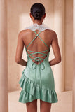 Robe de bal de fin d’année à volants en satin en satin mouillée en Bodycon, col moulant, robe de bal et fleurs 3D