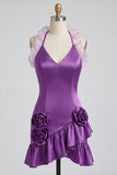 Robe de bal de fin d’année à volants en satin en satin mouillée en Bodycon, col moulant, robe de bal et fleurs 3D
