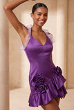 Robe de bal de fin d’année à volants en satin en satin mouillée en Bodycon, col moulant, robe de bal et fleurs 3D