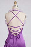 Robe de bal de fin d’année à volants en satin en satin mouillée en Bodycon, col moulant, robe de bal et fleurs 3D
