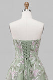 Robe de bal de la rentrée à la maison verte sauge brodée en A-line en dentelle perlée dans le dos avec un nœud
