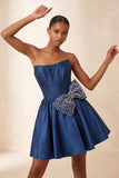 Corset bleu marine en satin buster en perle à lignes A avec lacets dans le dos de la rentrée et nœud