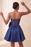 Corset bleu marine en satin buster en perle à lignes A avec lacets dans le dos de la rentrée et nœud