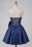 Corset bleu marine en satin buster en perle à lignes A avec lacets dans le dos de la rentrée et nœud