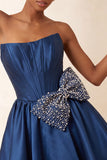 Corset bleu marine en satin buster en perle à lignes A avec lacets dans le dos de la rentrée et nœud